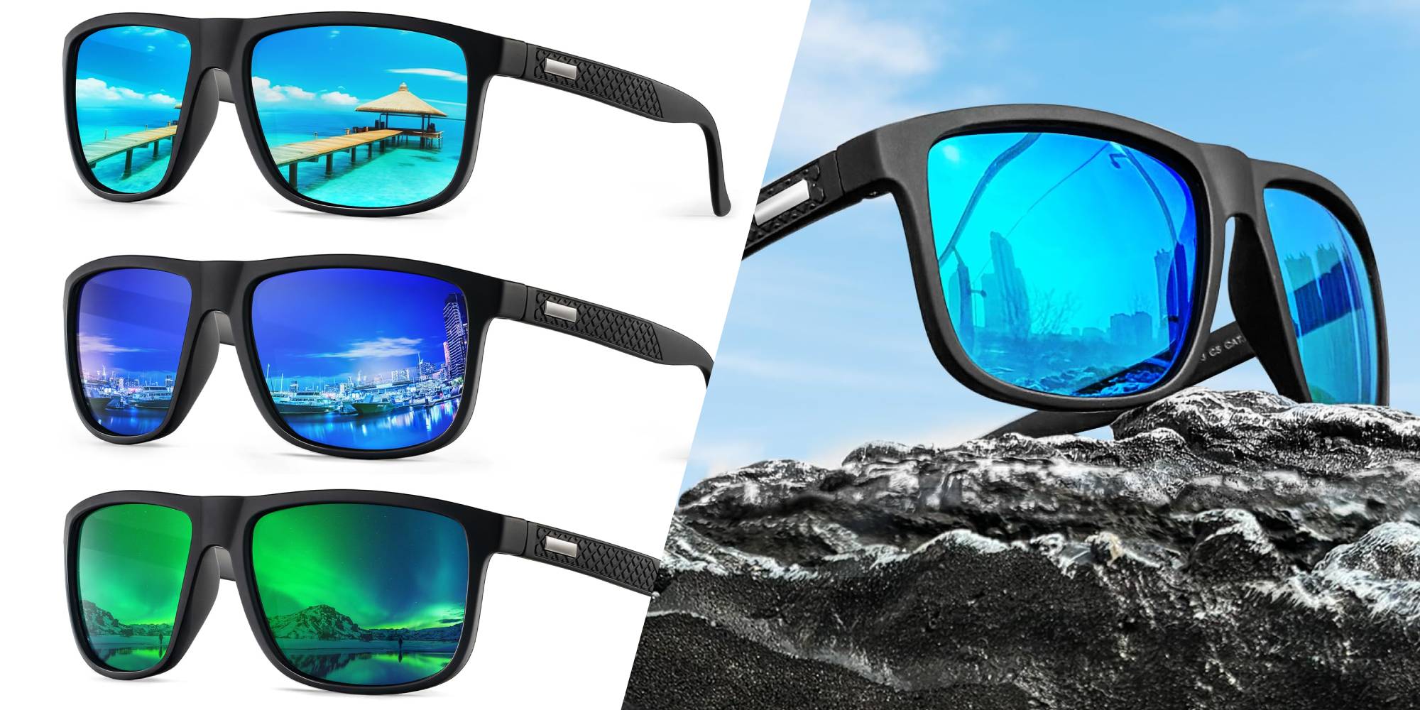 A collage of sunglasses with different reflections