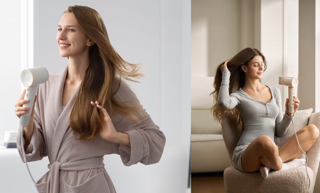 A collage of a woman in a bathrobe