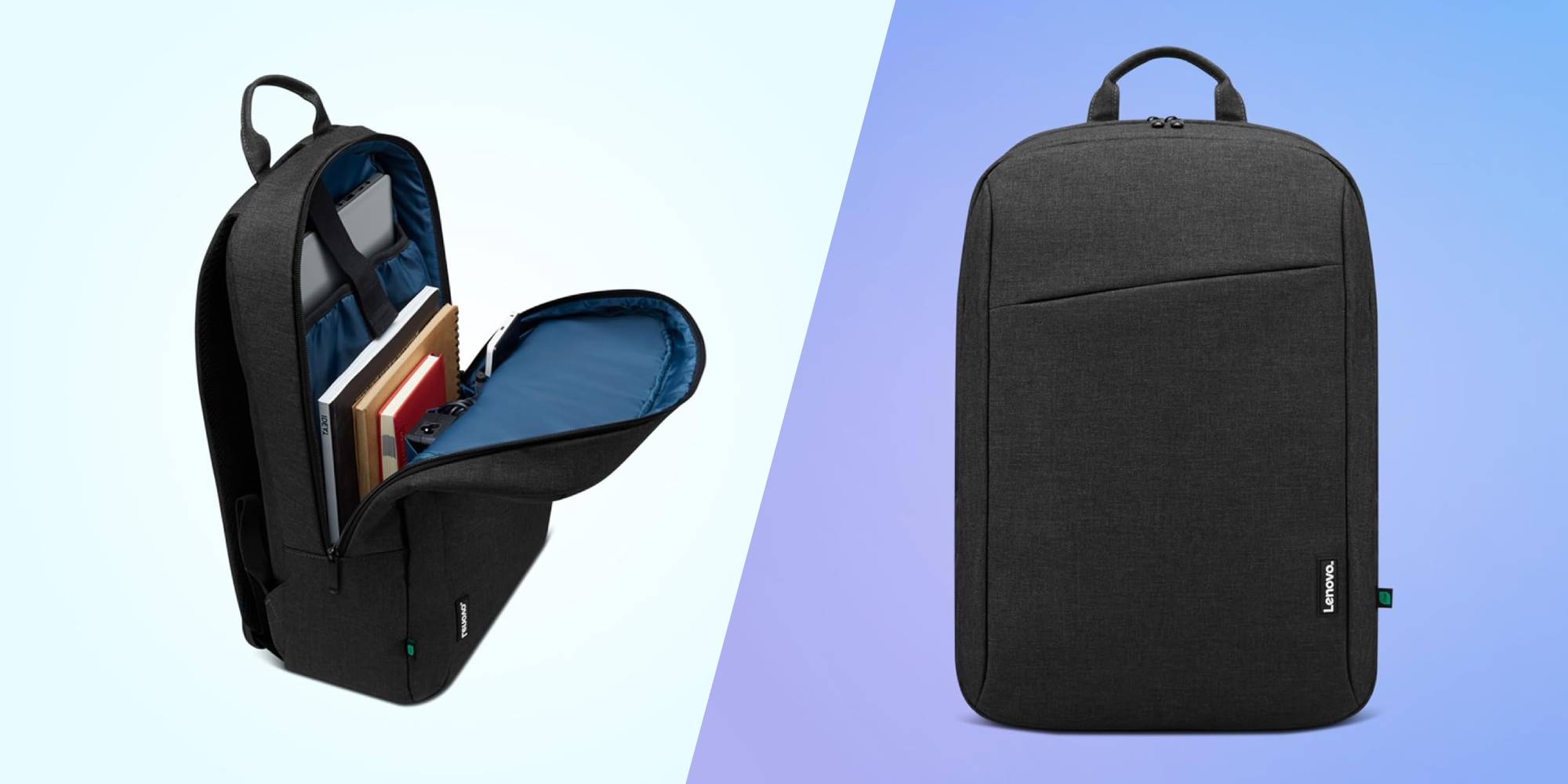 A black backpack with a blue and white background