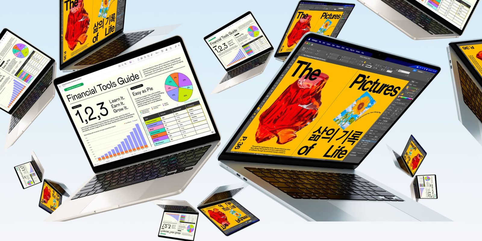 Several laptops flying in the air