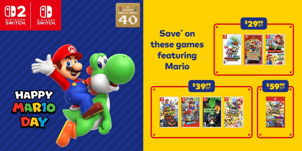 Video game advertisement featuring a cartoon character riding a green yoshi