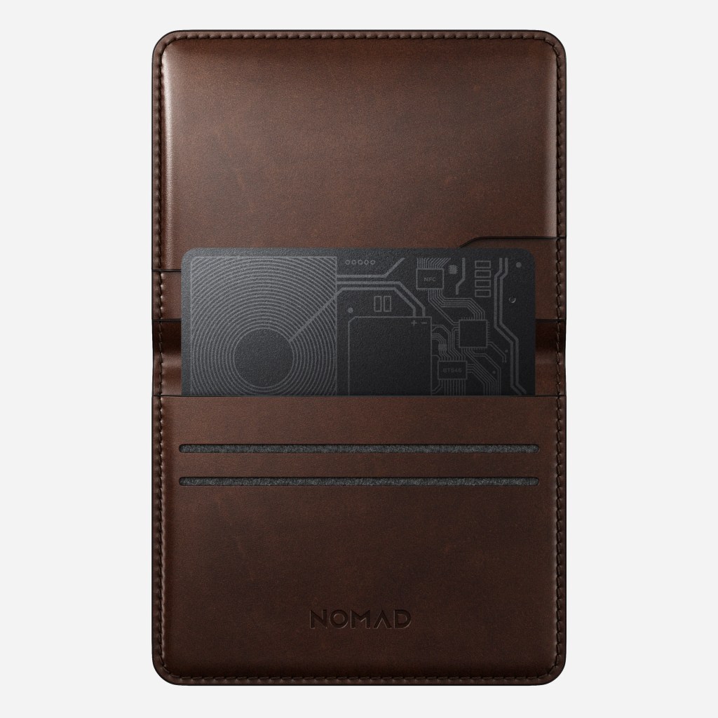 A brown wallet with a black card inside