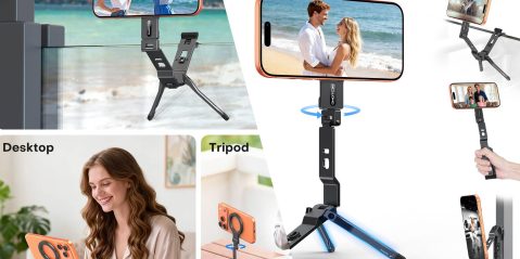 A selfie stick with a phone on it