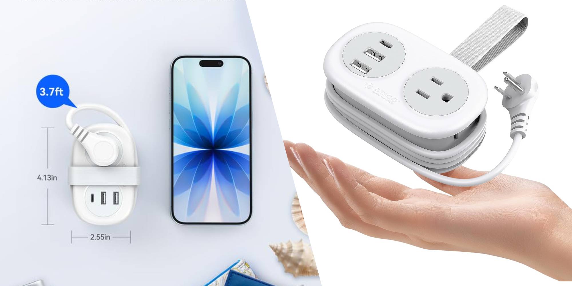 A hand holding a phone and a power strip