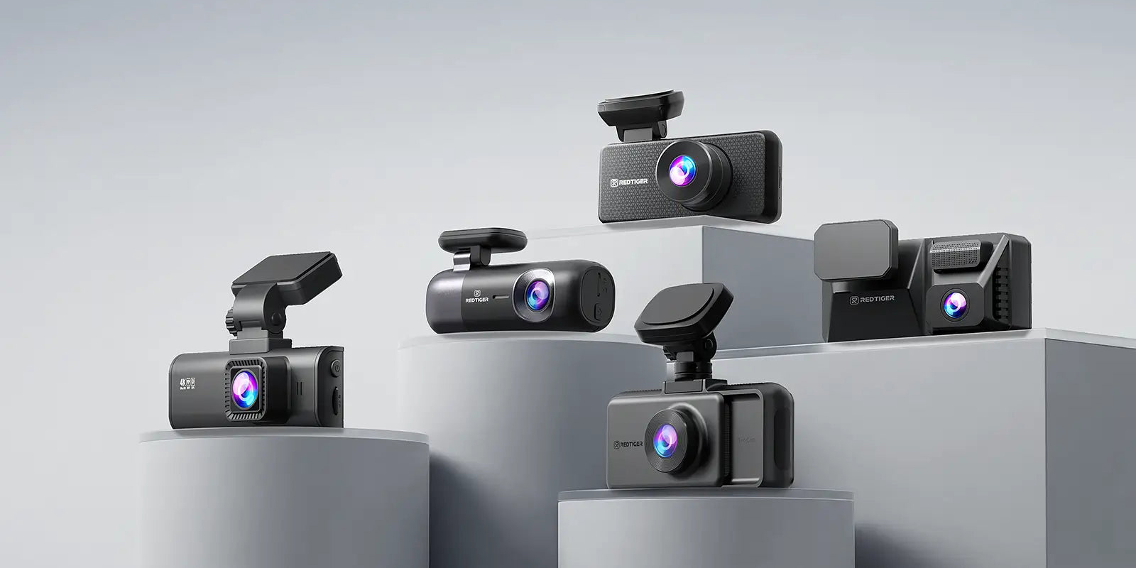 A group of cameras on a podium