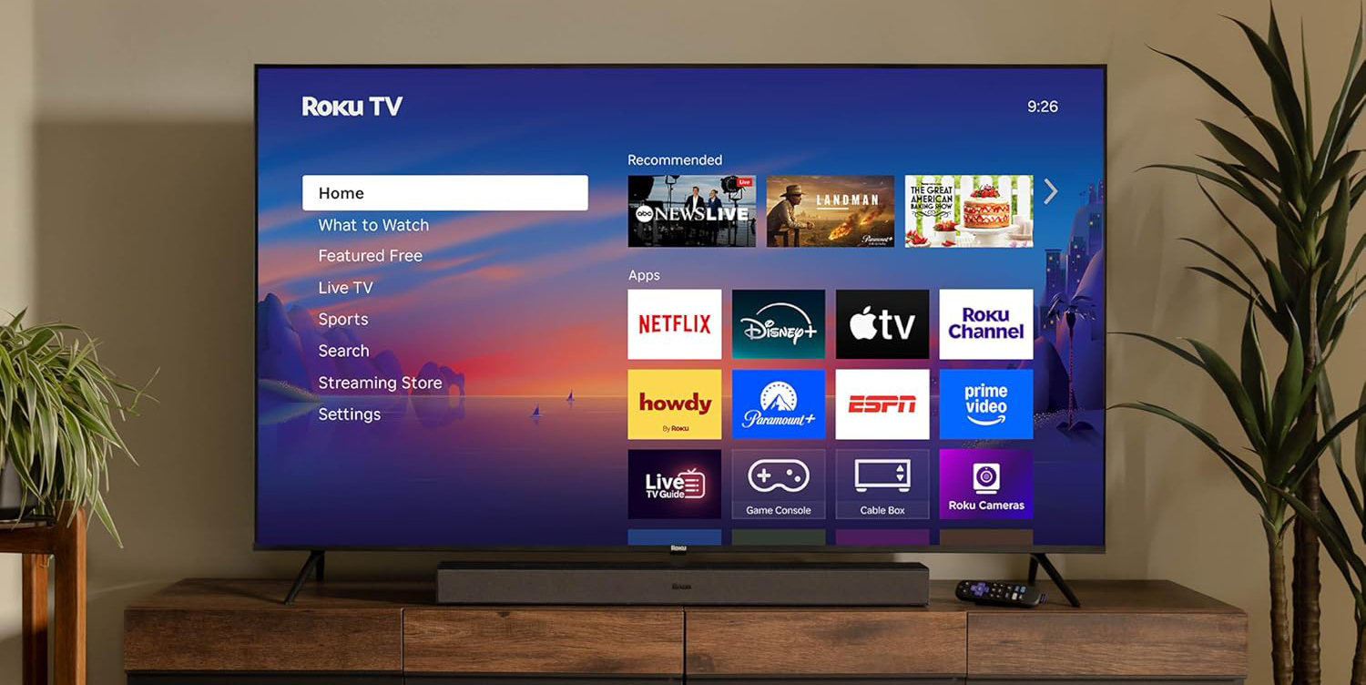 A television screen with a blue and white background