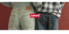A pair of jeans with a red logo
