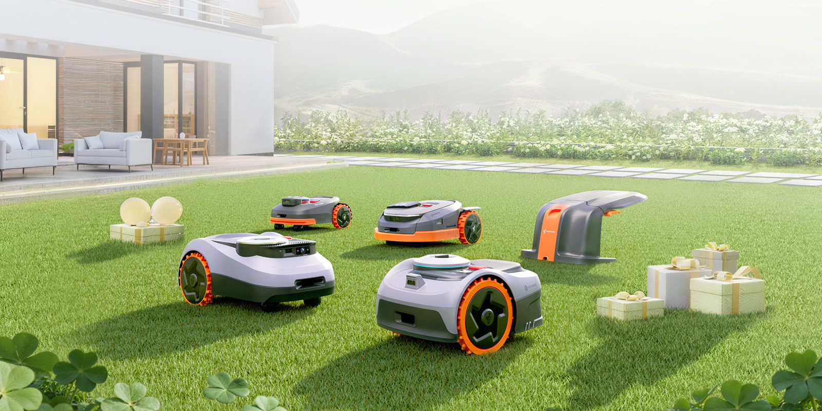 A group of robotic lawnmowers on grass