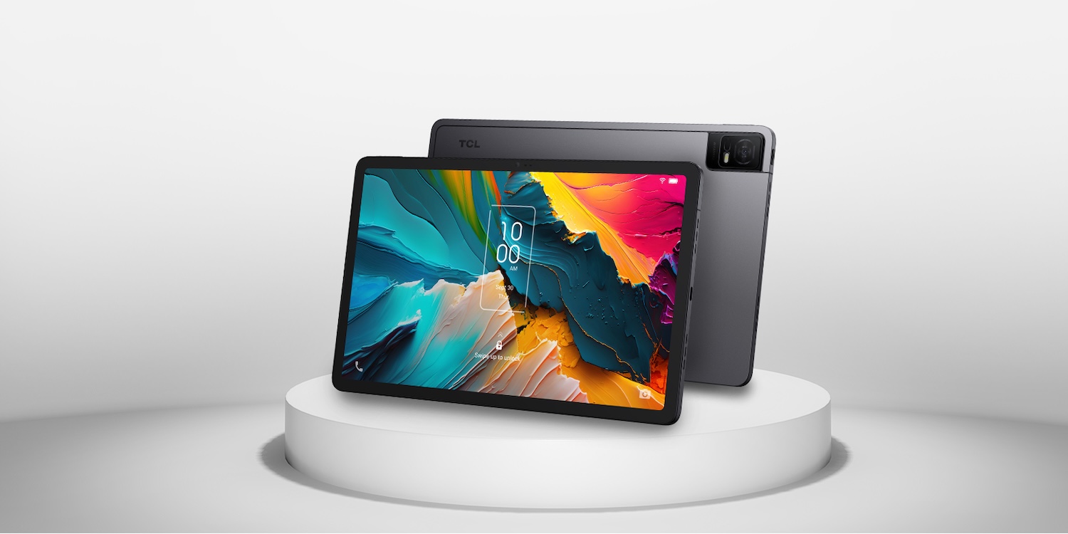 A tablet on a white platform