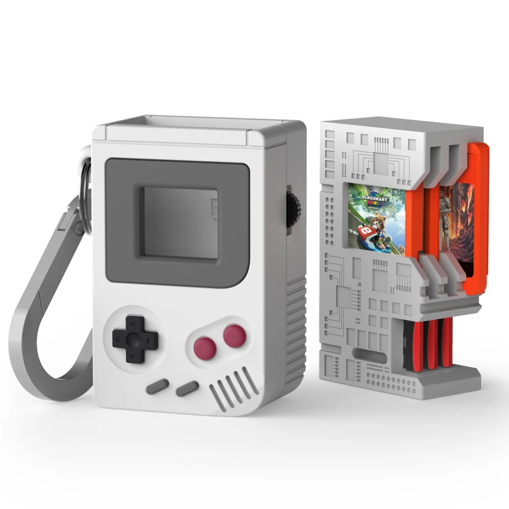 A white handheld video game console