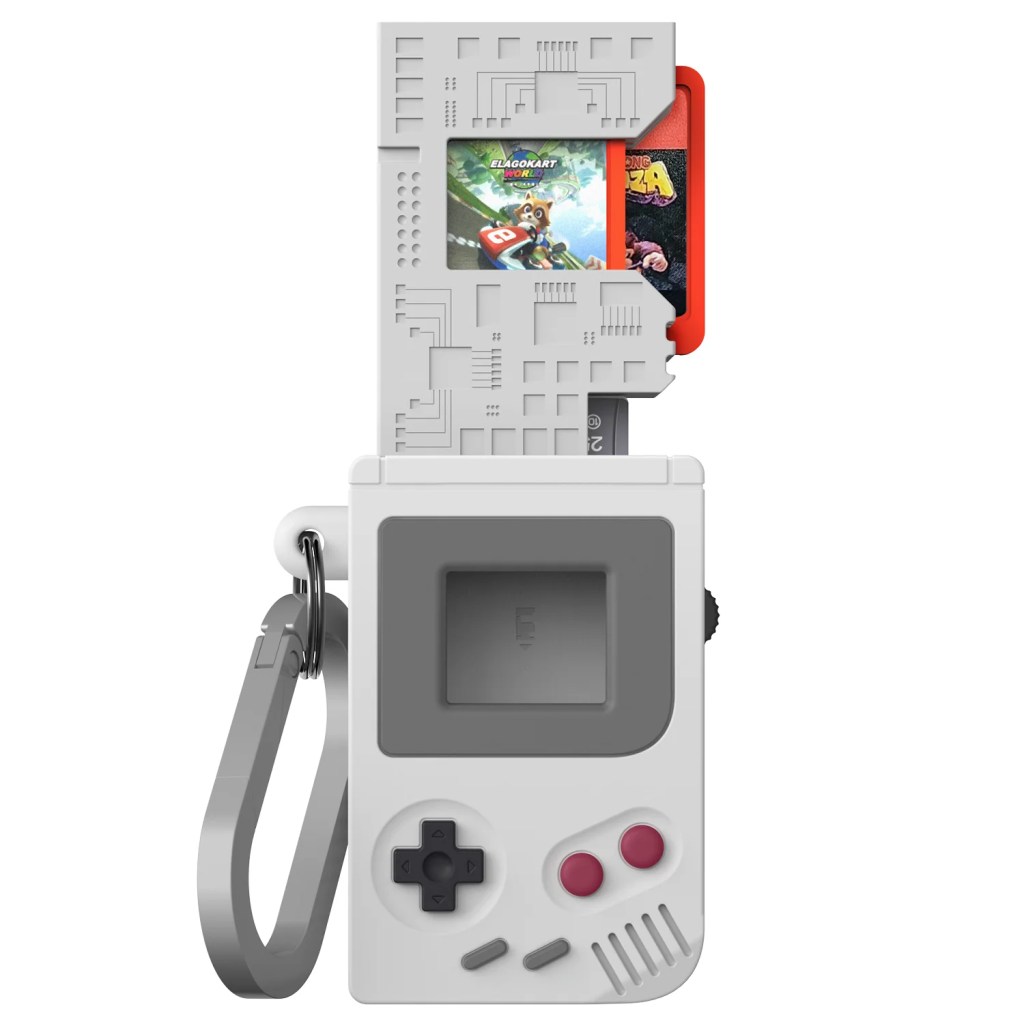 A white handheld game console
