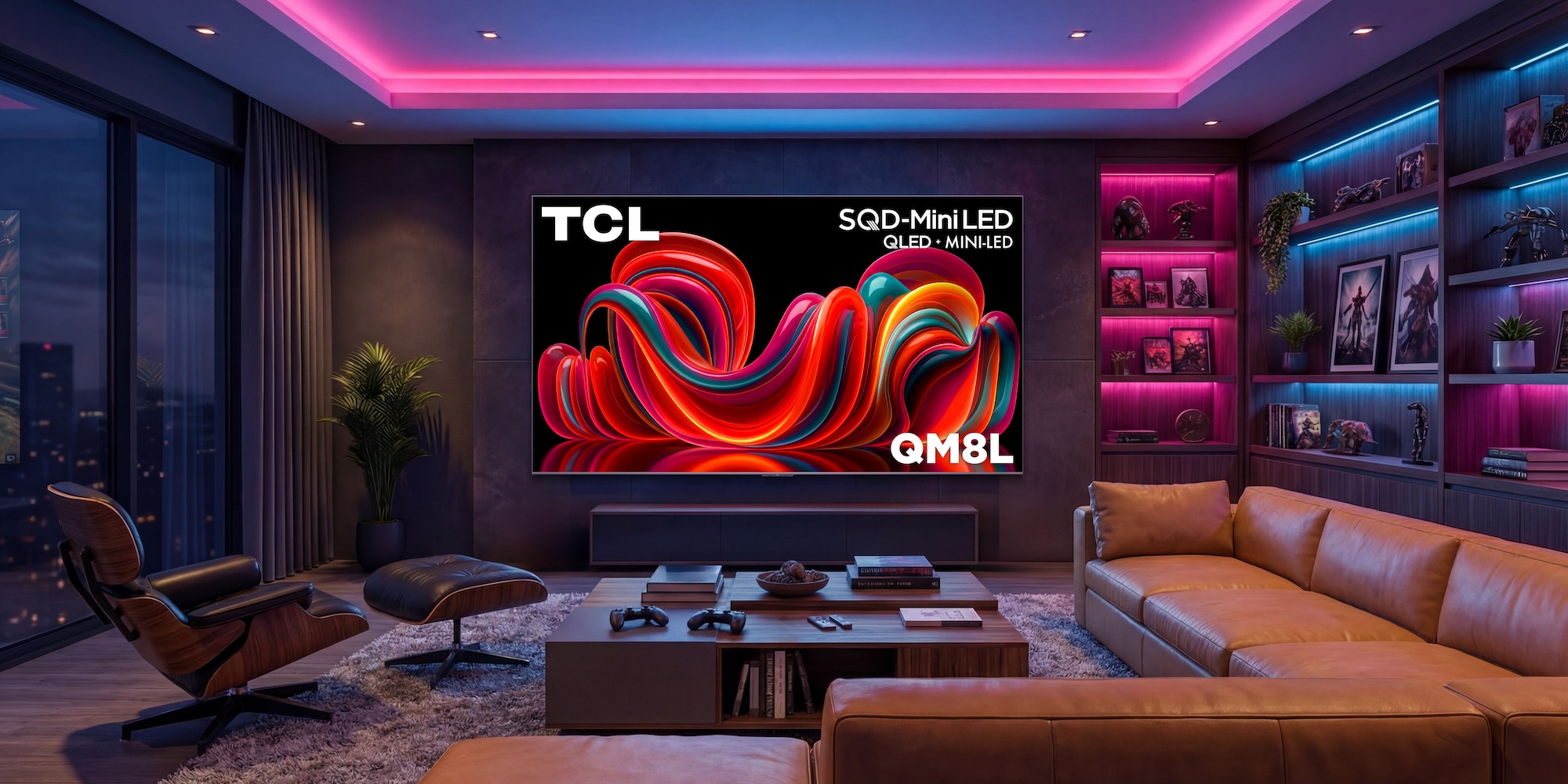 A living room with a large television and a couch