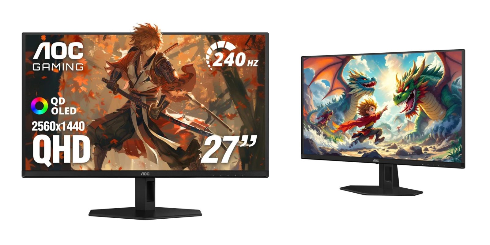 Image showing renders of AOC's 27-inch QD-OLED gaming monitors.