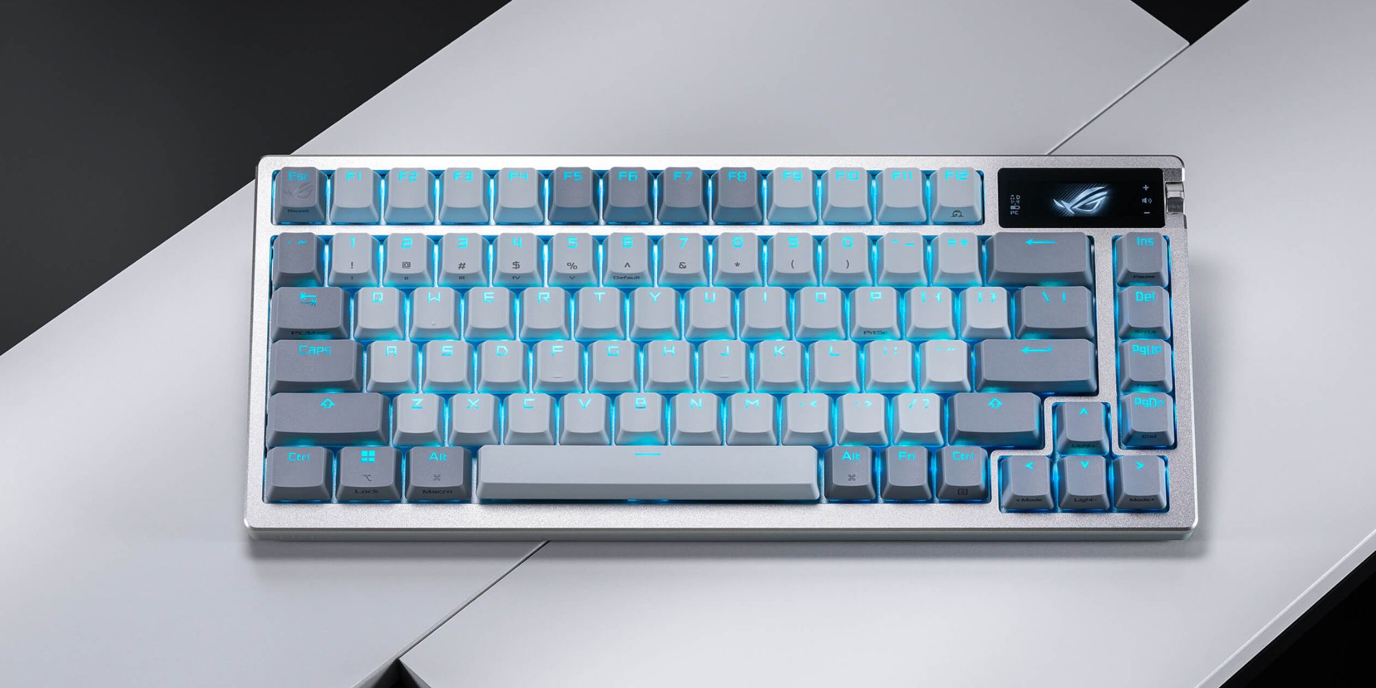 A keyboard with blue lights