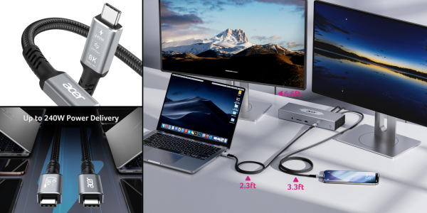 A computer and laptop with a cable