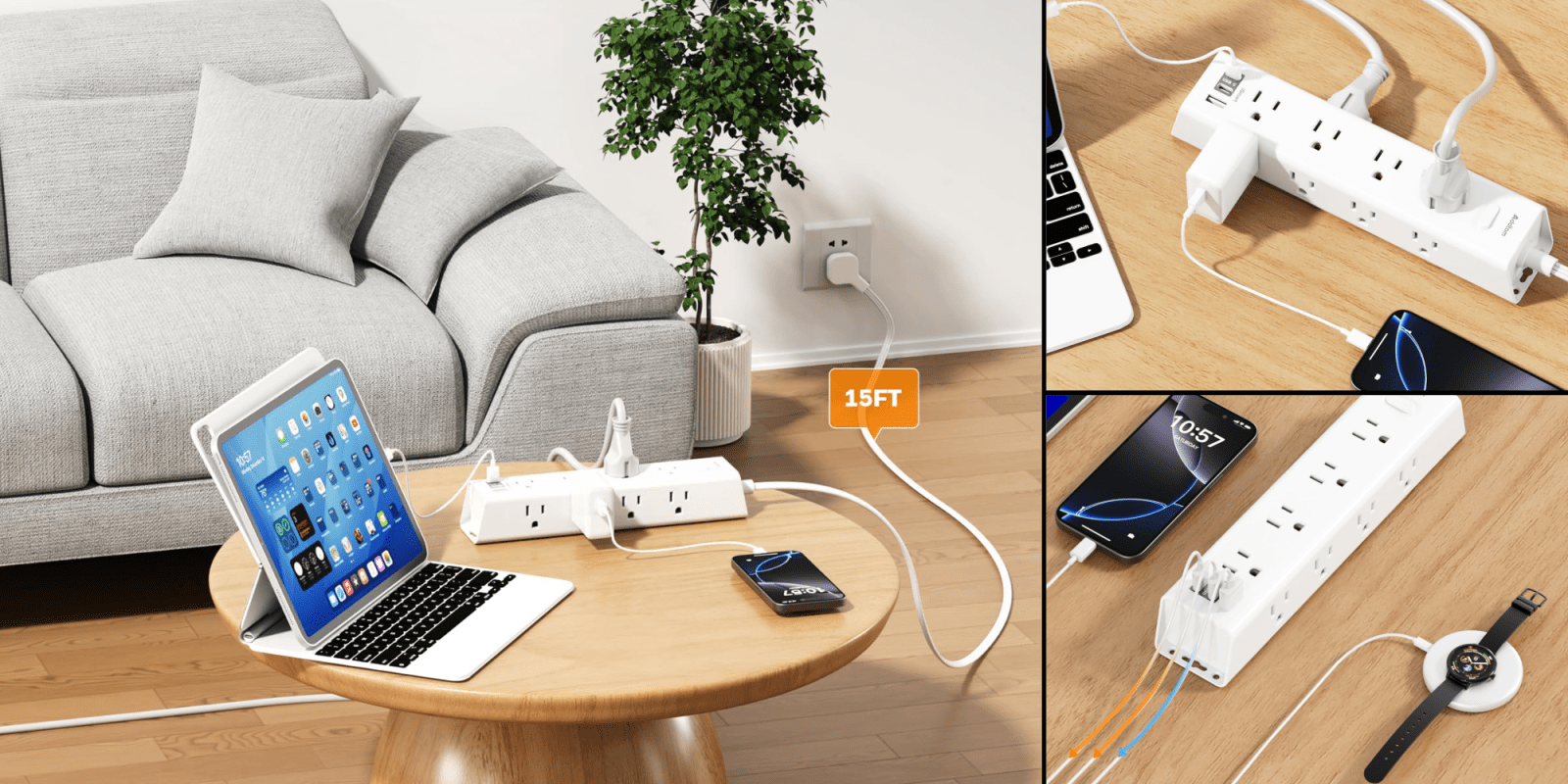 A laptop and cell phone connected to a power strip