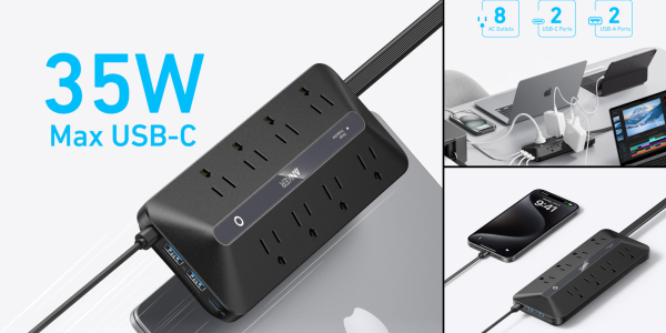 A black power strip with a black cord