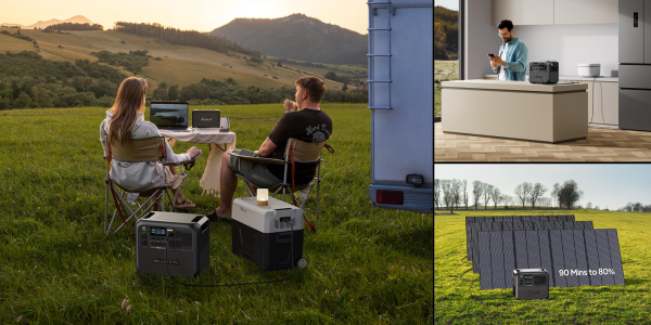 A collage of people outside with computers