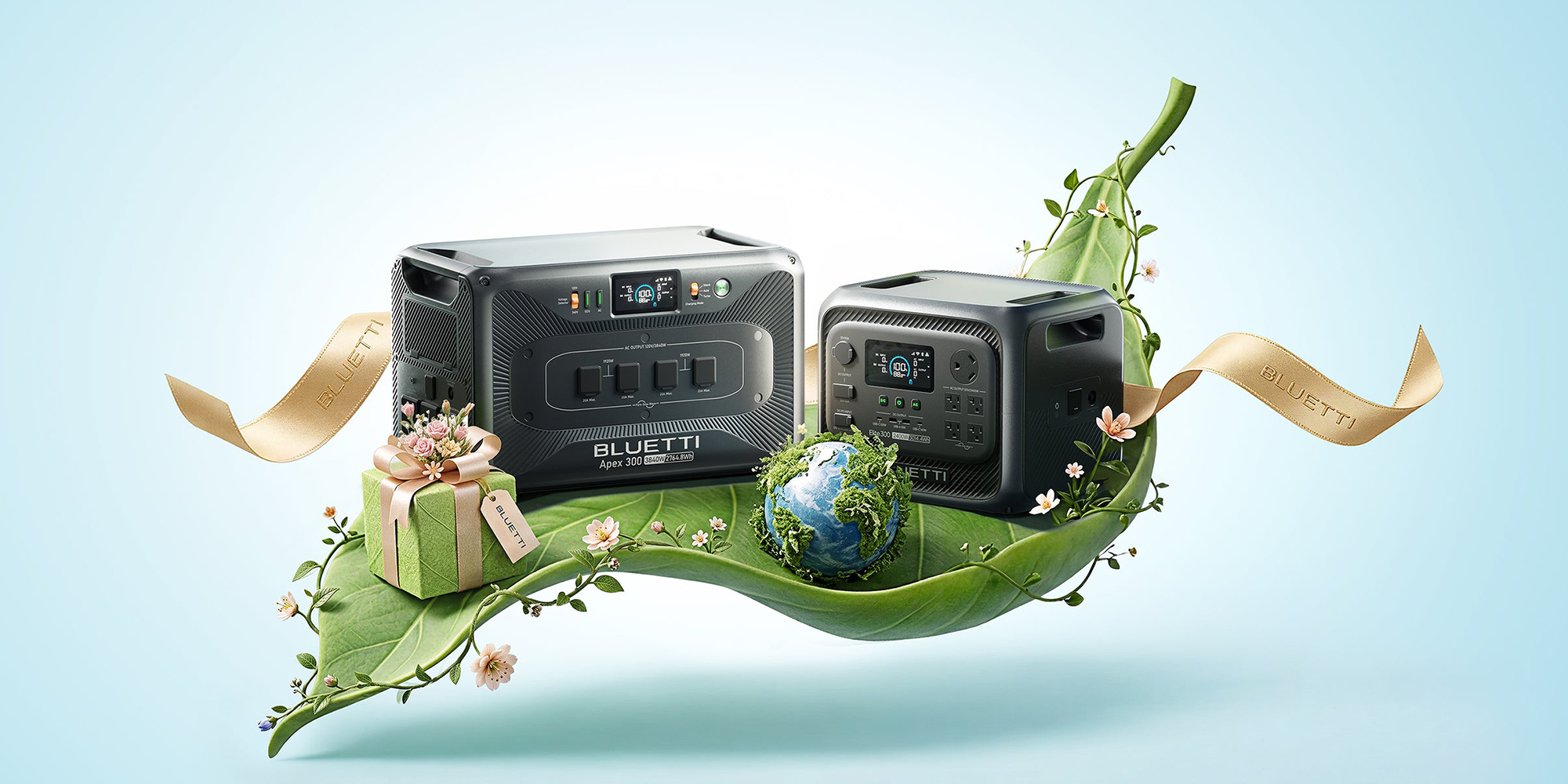 Two rectangular black rectangular electronic devices on a leaf with a small globe and flowers