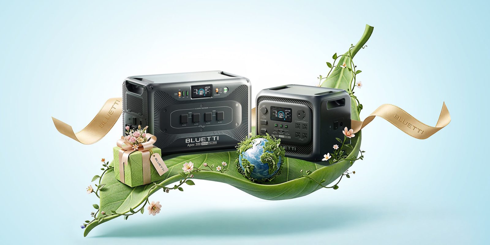 Two rectangular black rectangular electronic devices on a leaf with a small globe and flowers