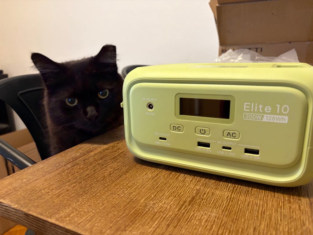 A cat looking at Bluetti's Elite 10 Mini power station