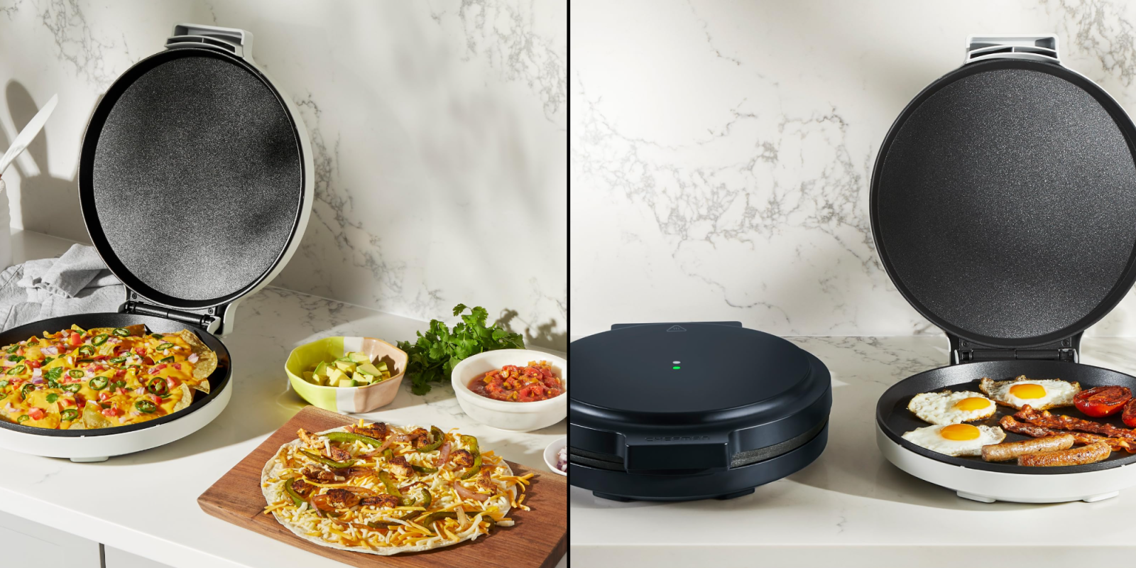 A pizza on a cutting board next to a machine