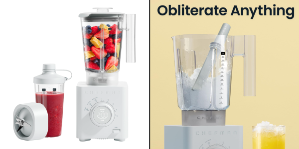 A blender with fruit in it