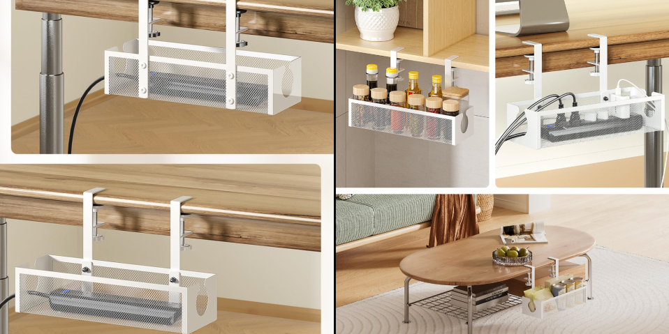 A collage of a room with a shelf and a table