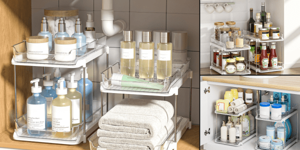 A bathroom shelf with towels and bottles