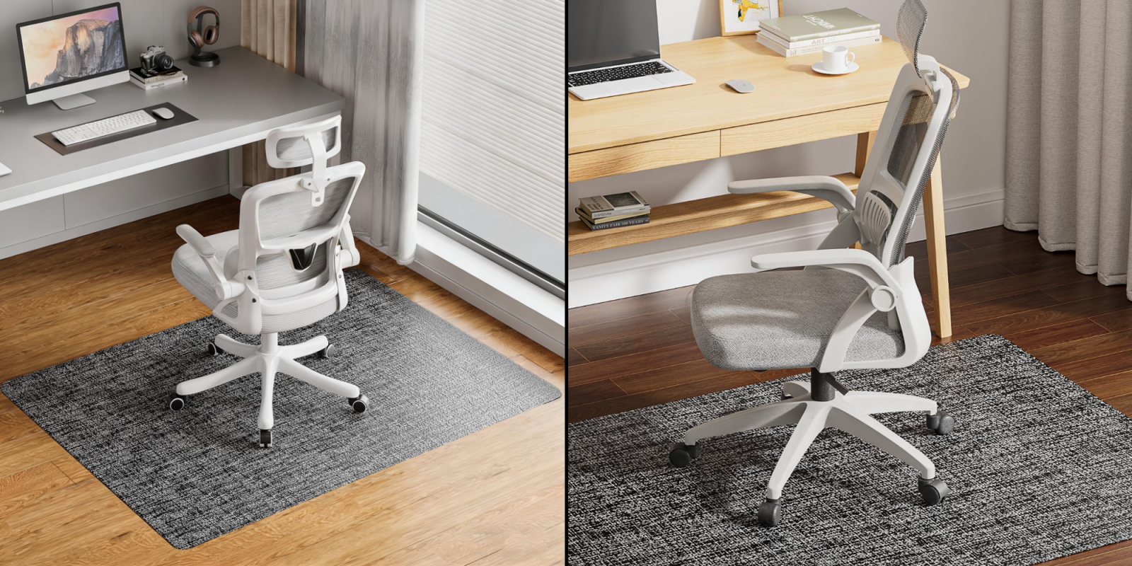 A collage of a chair and desk