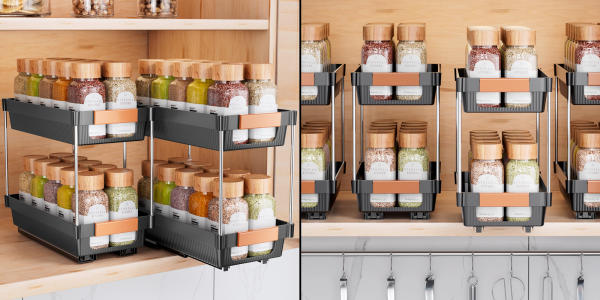 A shelf with different containers of spices