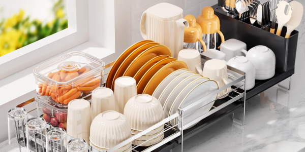 A dish rack full of plates and cups