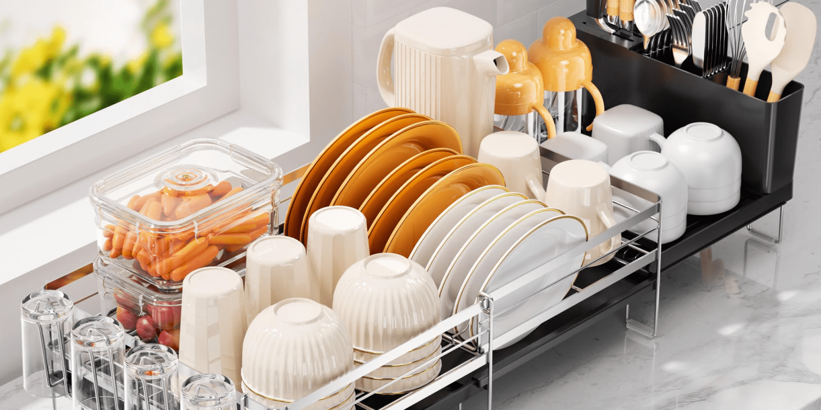 A dish rack full of plates and cups