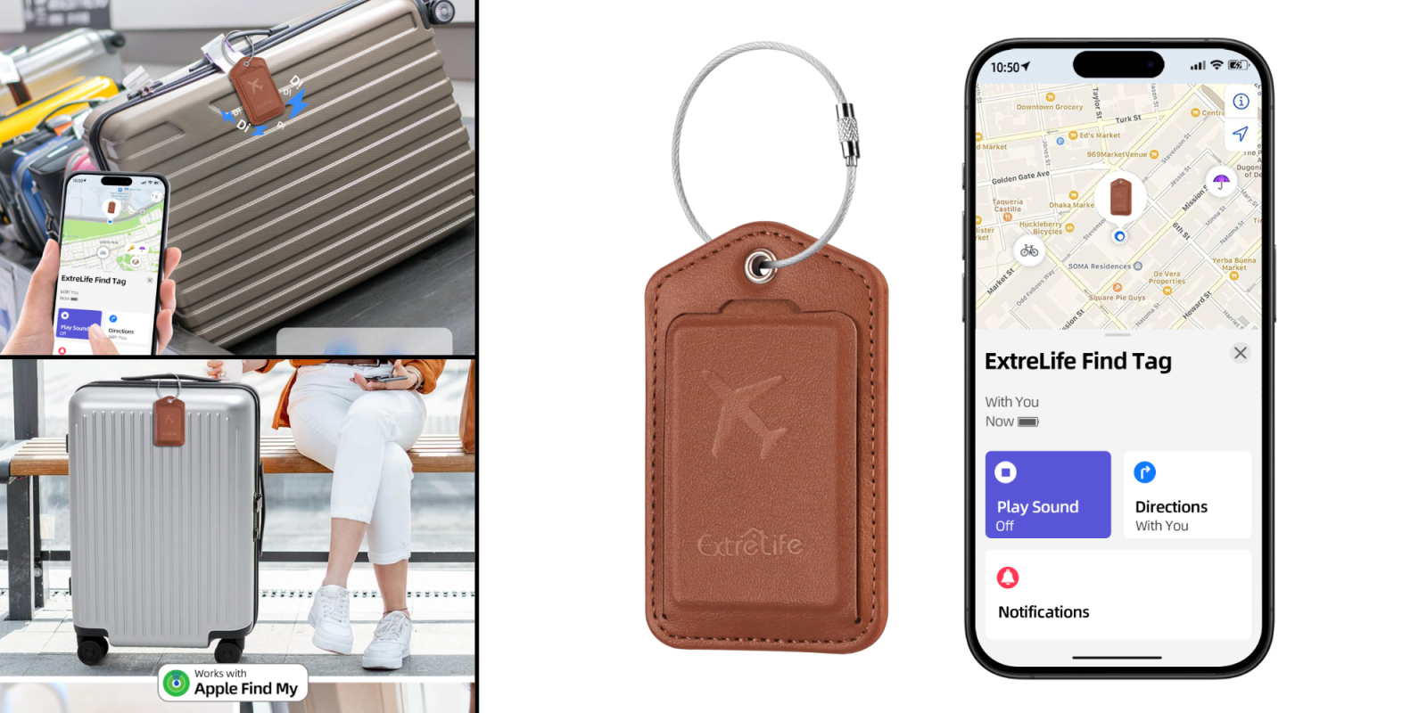 A brown leather luggage tag with a white phone and a woman sitting on a bench