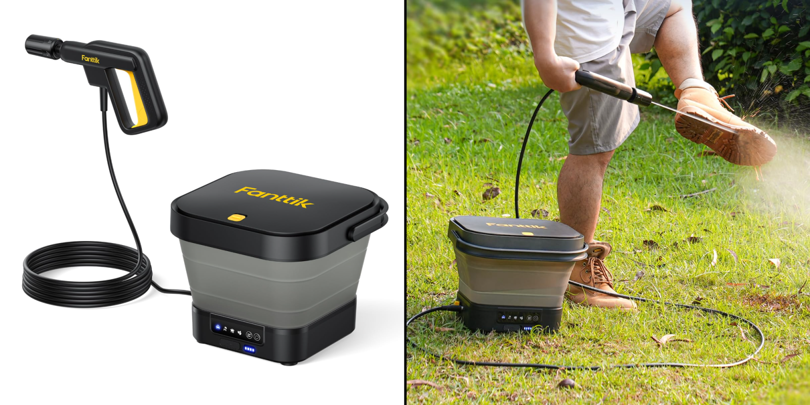 A man holding a hose to a large container