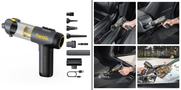 A collage of a man using a vacuum gun