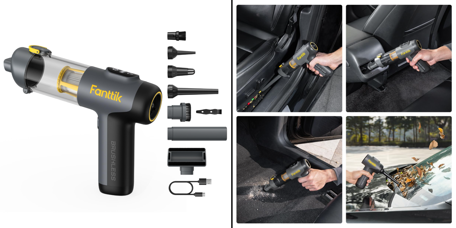 A collage of a man using a vacuum gun