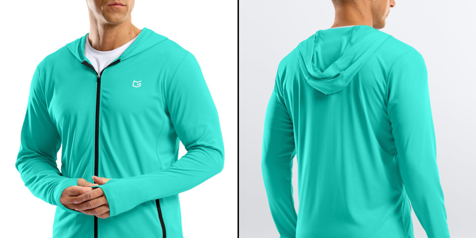 A man wearing a turquoise hoodie