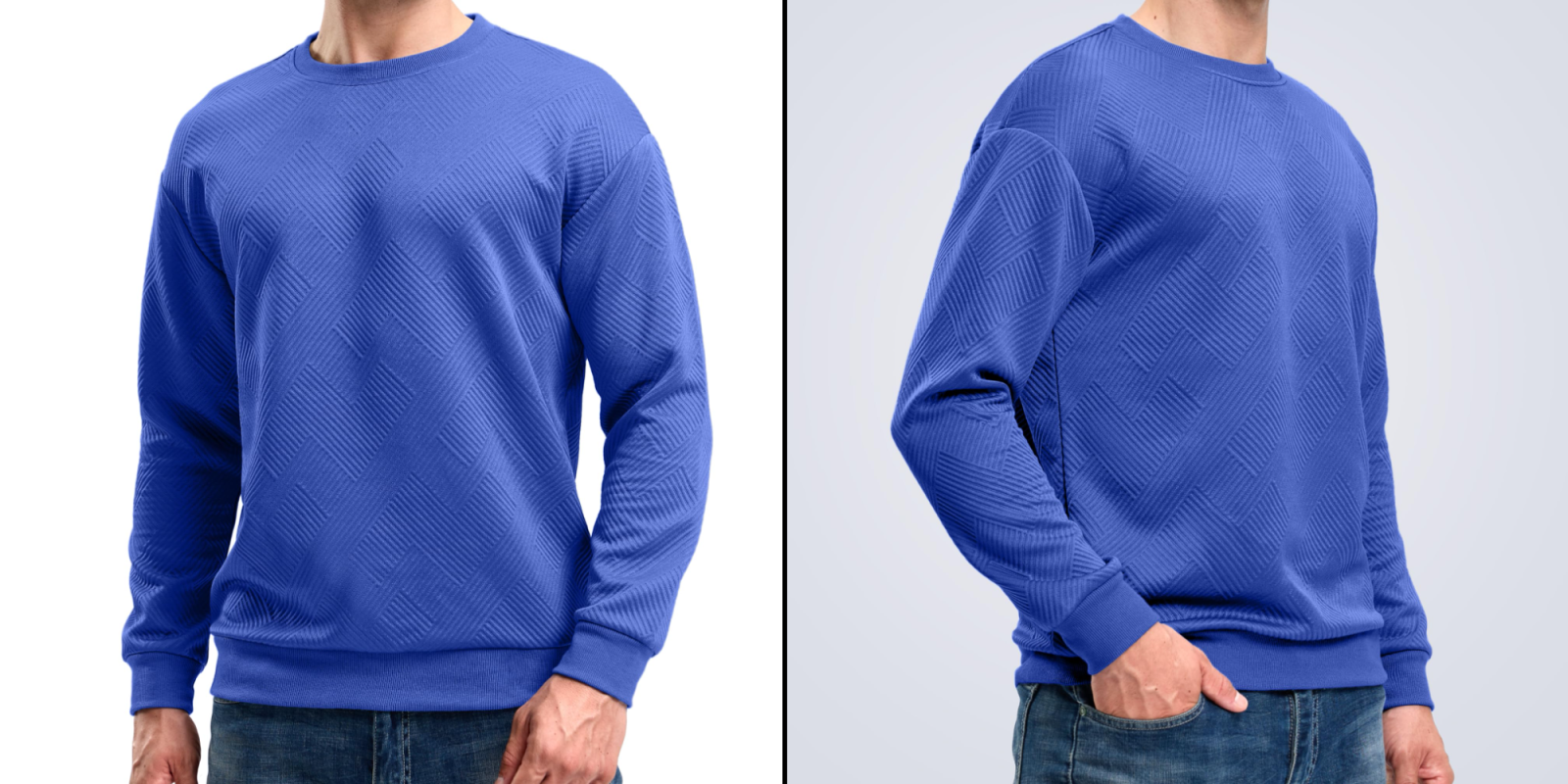 A collage of a man wearing a blue shirt