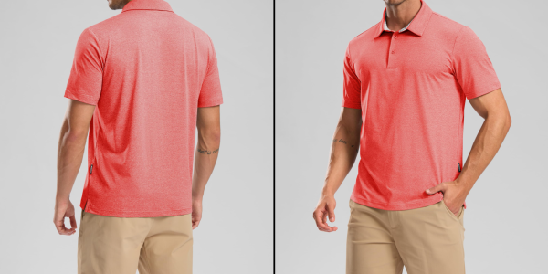 A man wearing a red polo shirt