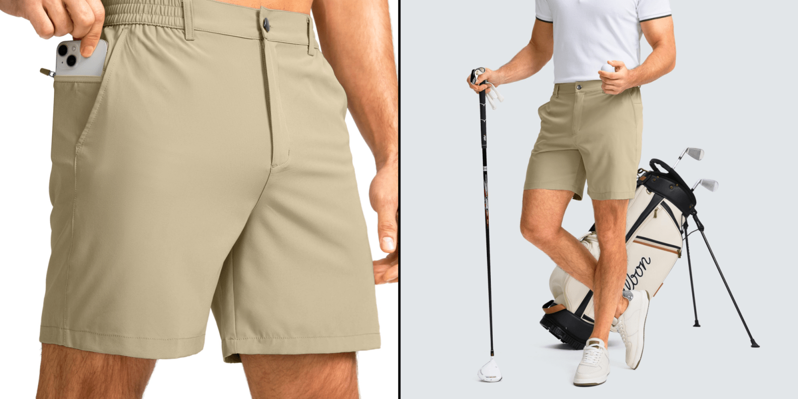 A man wearing khaki shorts