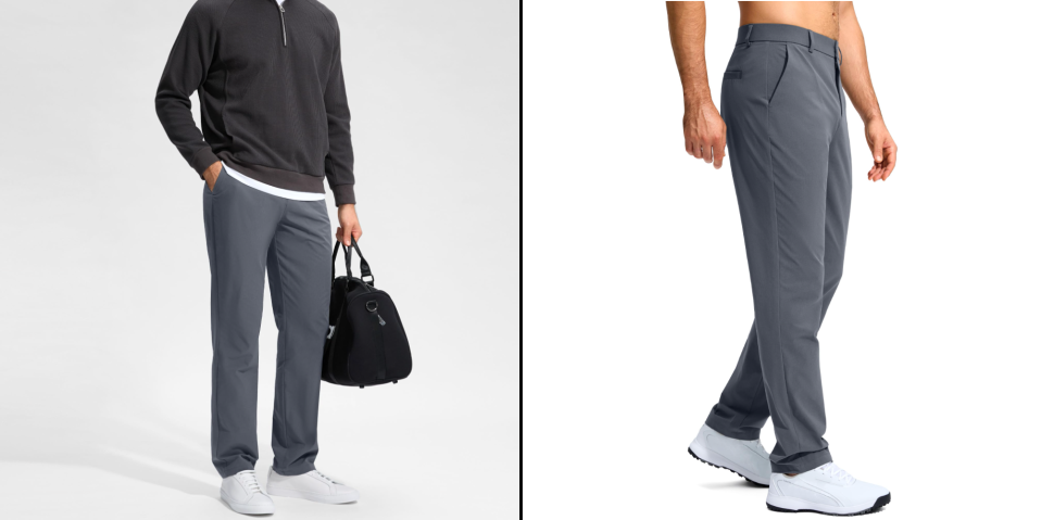 A man wearing grey pants and a black bag