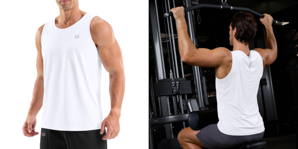 A man in a white tank top