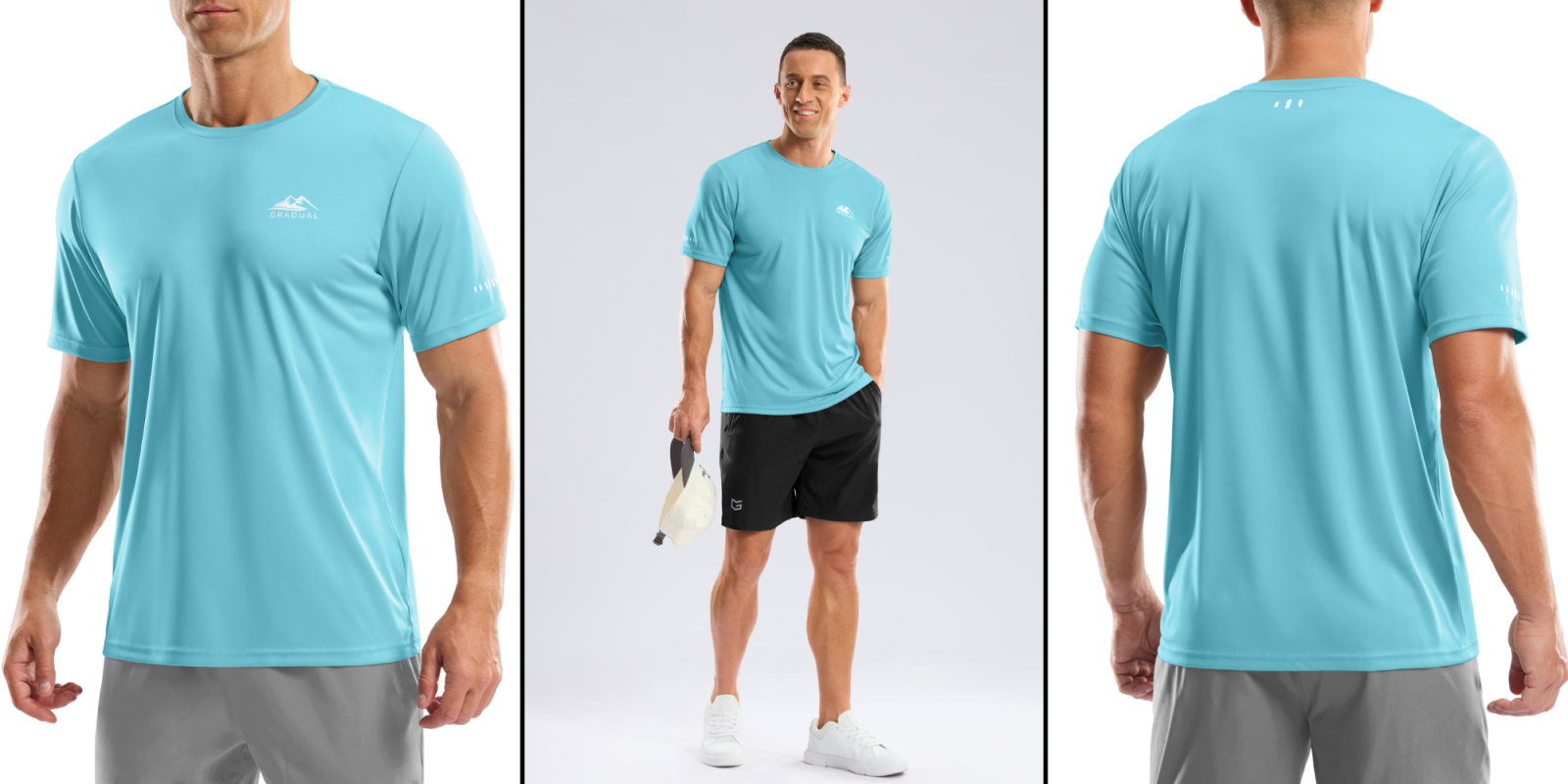 A collage of a man wearing a blue shirt