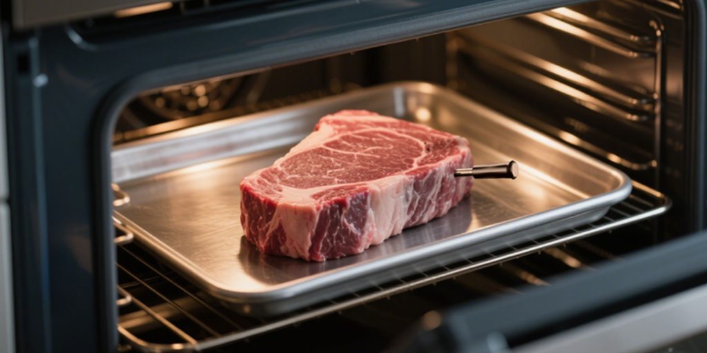 A piece of meat on a tray in an oven