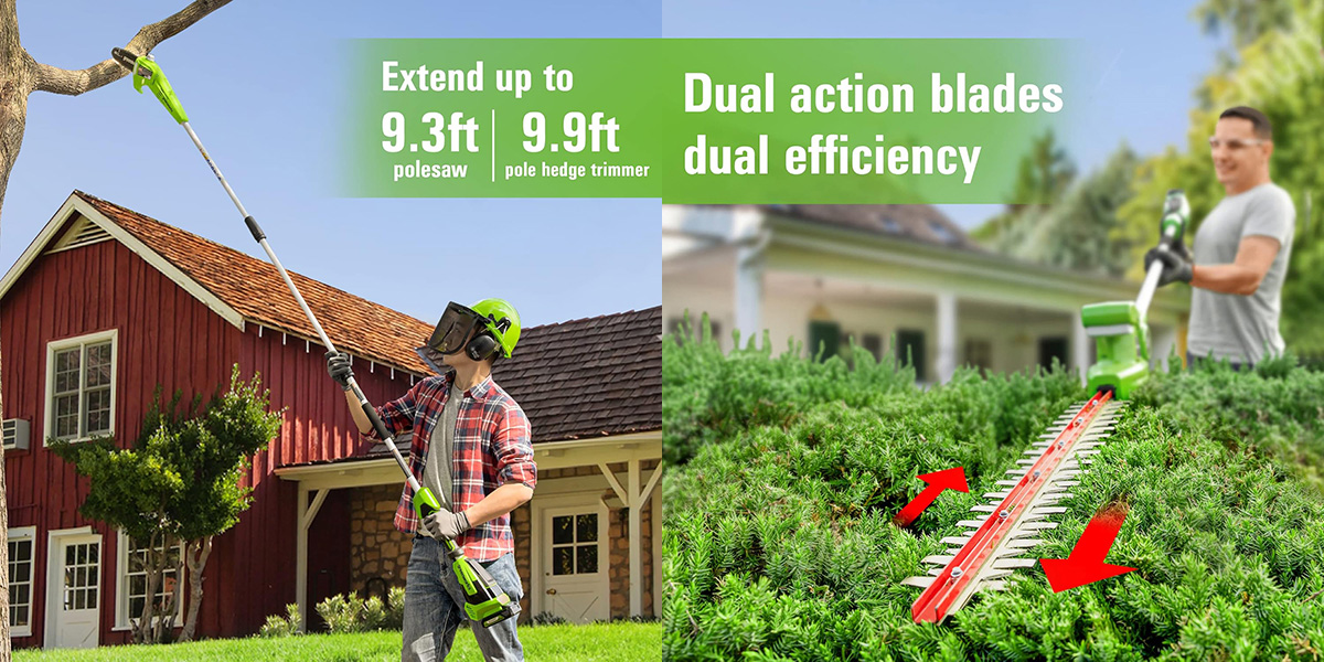 A man holding a trimmer and a pole hedge trimmer