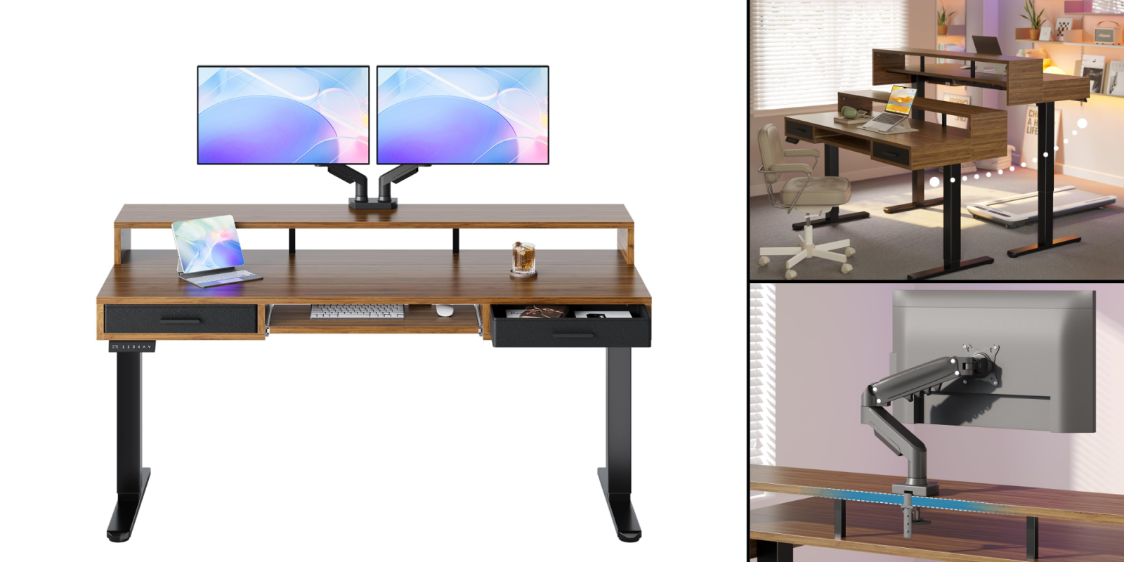 A computer desk with two monitors