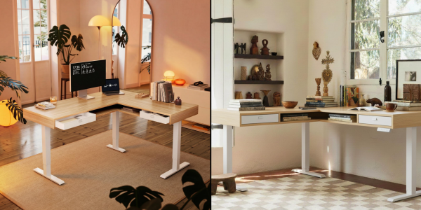 A desk with a computer and a shelf with objects