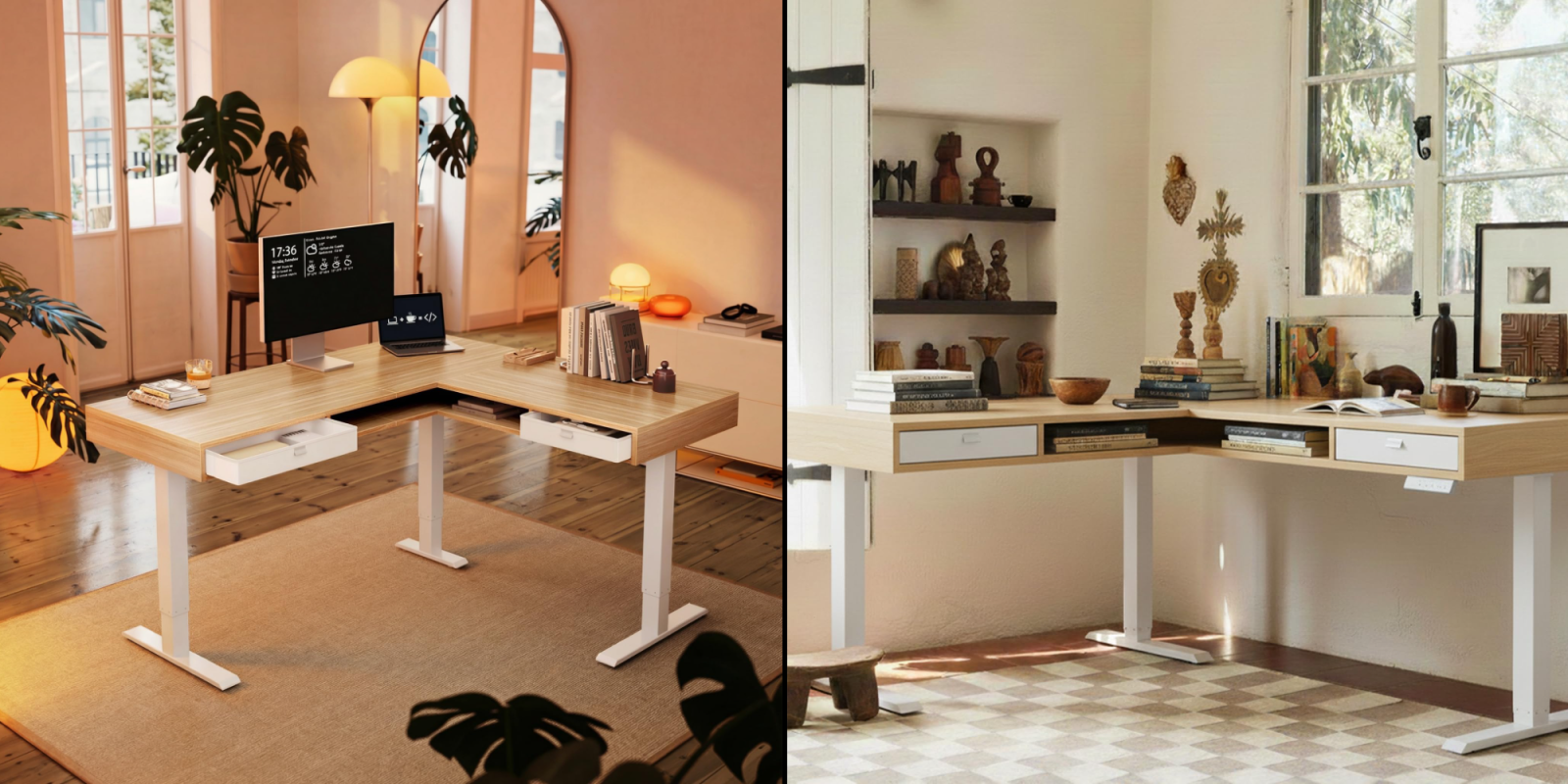 A desk with a computer and a shelf with objects