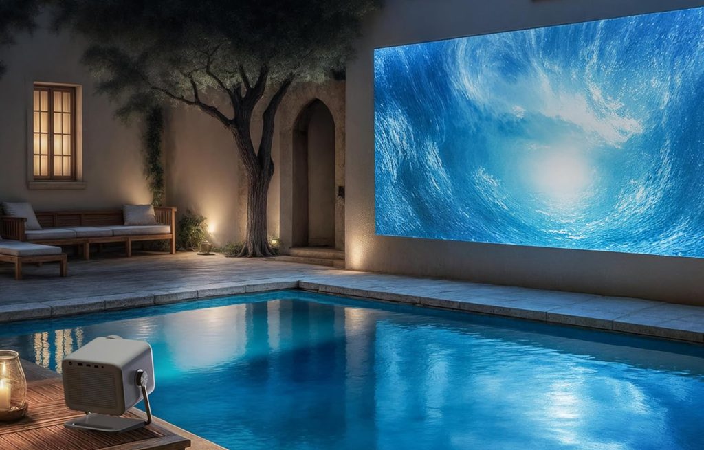 A swimming pool with a screen